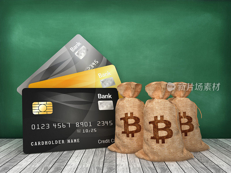 信用卡与比特币金钱袋在黑板上- 3D渲染